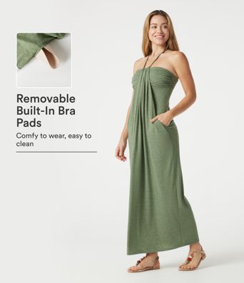 Halter Tie Back Built-in Bra  Heathered Maxi Dress with Pockets