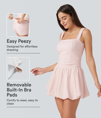Square Neck Sleeveless Built-in Bra 2-in-1 Mini Dance Active Bubble Dress with Pockets-Easy Peezy Edition