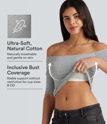 Halara Cotton Jersey Off-Shoulder Removable Straps Half Sleeve Built-in Bra Casual T-Shirt B-DD Cups