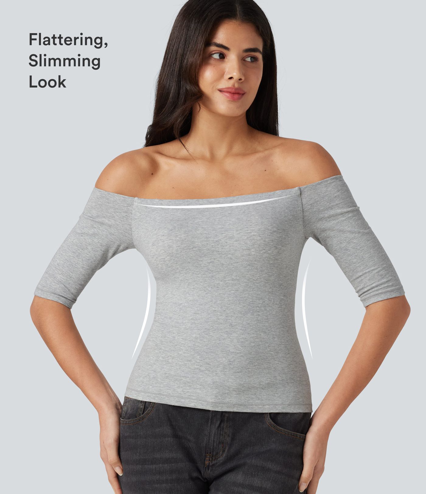 Halara Cotton Jersey Off-Shoulder Removable Straps Half Sleeve Built-in Bra Casual T-Shirt B-DD Cups