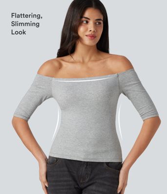 Halara Cotton Jersey Off-Shoulder Removable Straps Half Sleeve Built-in Bra Casual T-Shirt B-DD Cups