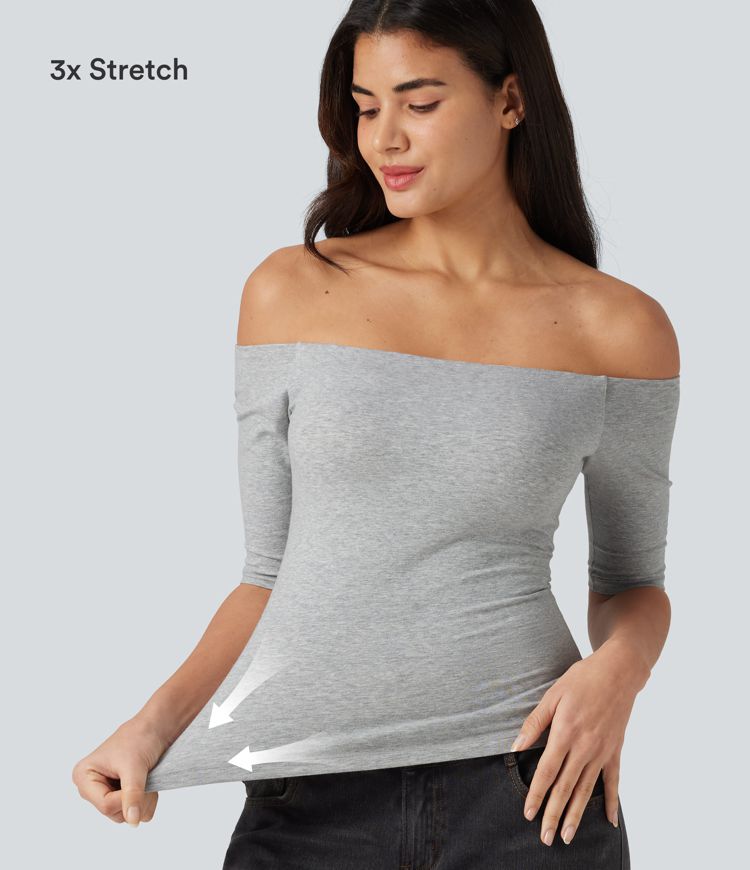 Halara Cotton Jersey Off-Shoulder Removable Straps Half Sleeve Built-in Bra Casual T-Shirt B-DD Cups