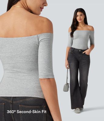 Halara Cotton Jersey Off-Shoulder Removable Straps Half Sleeve Built-in Bra Casual T-Shirt B-DD Cups