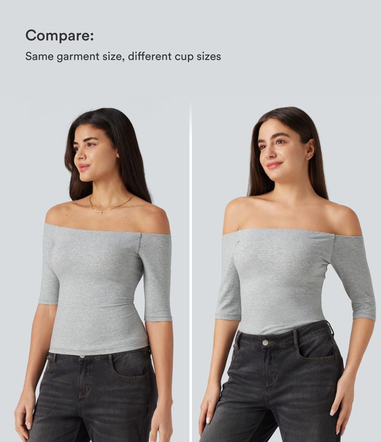 Halara Cotton Jersey Off-Shoulder Removable Straps Half Sleeve Built-in Bra Casual T-Shirt B-DD Cups