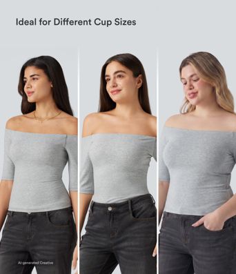 Halara Cotton Jersey Off-Shoulder Removable Straps Half Sleeve Built-in Bra Casual T-Shirt B-DD Cups
