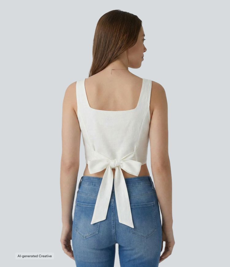 Square Neck Corset Tie Back Curved Hem Cropped Casual Linen-Blend Tank Top