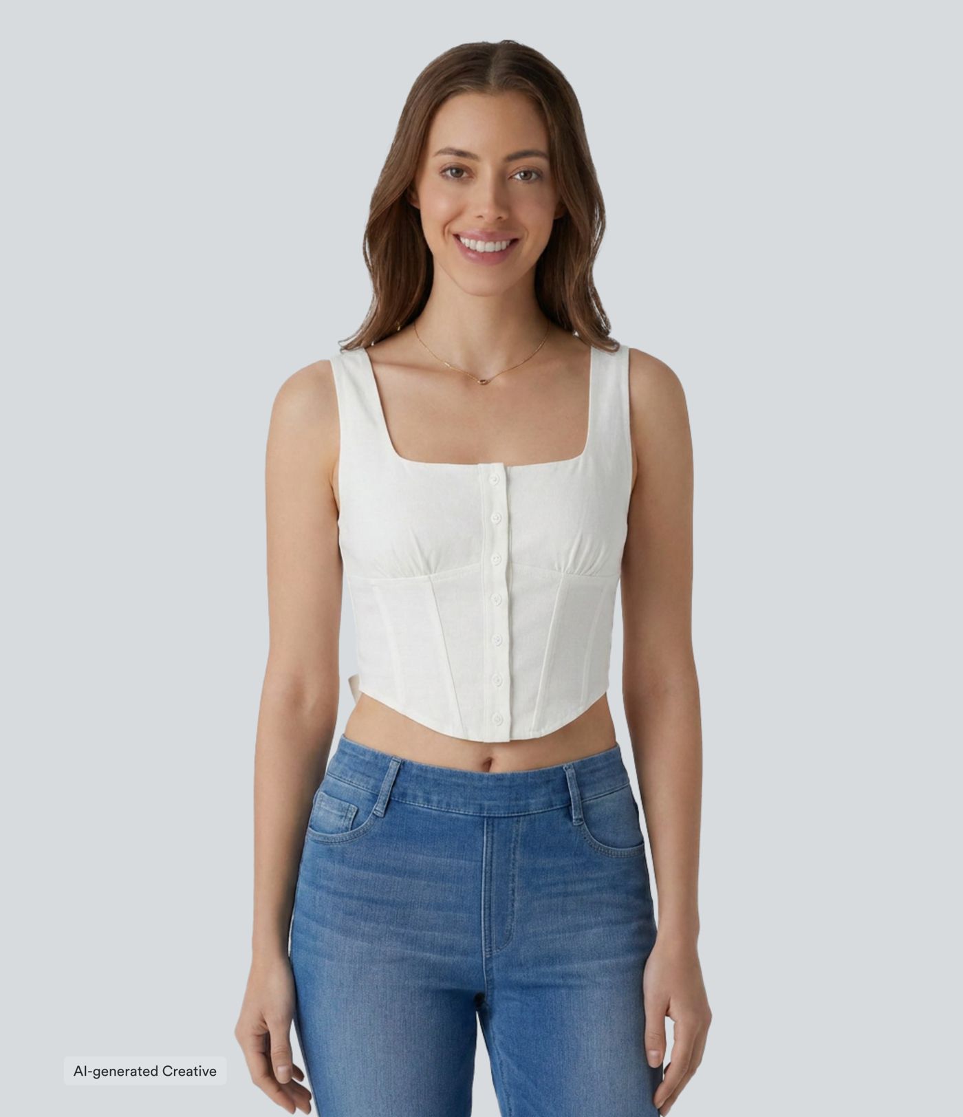 Square Neck Corset Tie Back Curved Hem Cropped Casual Linen-Blend Tank Top
