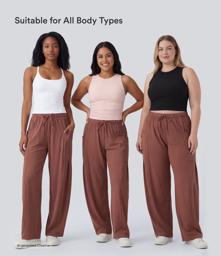 Mid Rise Elastic Waistband Drawstring Side Pocket Palazzo Flowy Wide Leg Casual Trousers Mid Rise Elastic Waistband Drawstring Side Pocket Palazzo Flowy Wide Leg Casual Trousers
