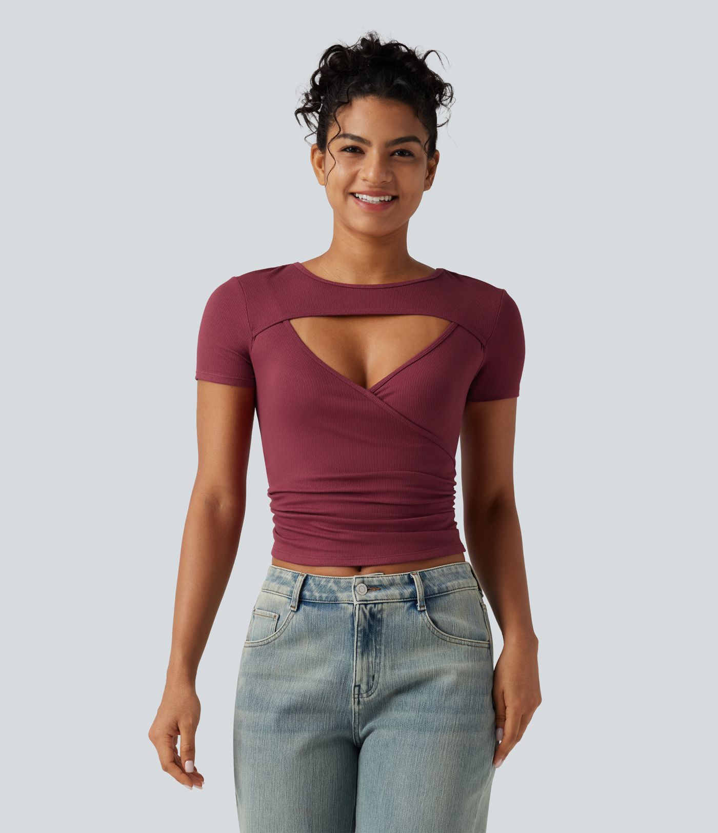 Ribbed Knit Round Neck Cut Out Short Sleeve Ruched Casual T-Shirt