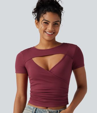 Ribbed Knit Round Neck Cut Out Short Sleeve Ruched Casual T-Shirt