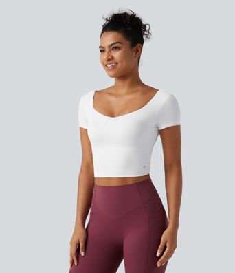 SoftlyZero™ Quick Dry Diamond Collar Built-in Bra Short Sleeve Cropped Yoga Sports Top