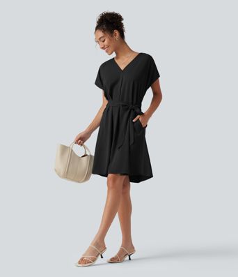 Wrinkle Recovery V Neck Batwing Sleeve Belted Mini Work Dress with Pockets