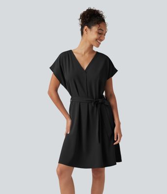 Wrinkle Recovery V Neck Batwing Sleeve Belted Mini Work Dress with Pockets