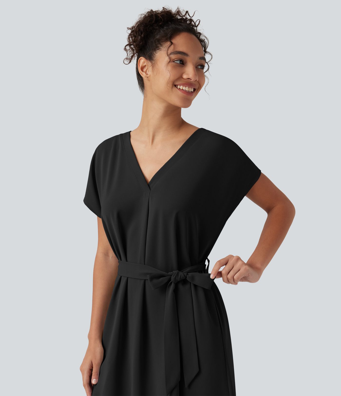 Wrinkle Recovery V Neck Batwing Sleeve Belted Mini Work Dress with Pockets
