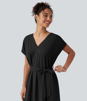Wrinkle Recovery V Neck Batwing Sleeve Belted Mini Work Dress with Pockets