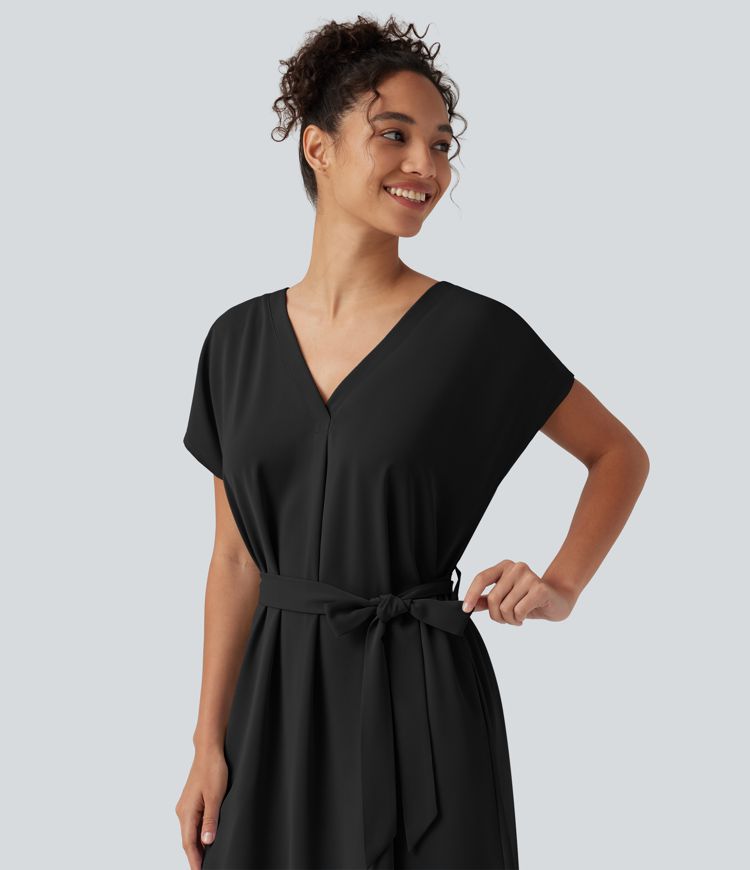 Wrinkle Recovery V Neck Batwing Sleeve Belted Mini Work Dress with Pockets
