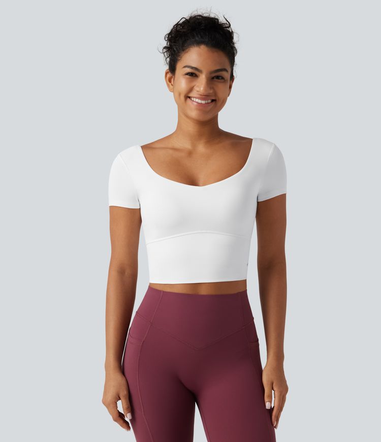 SoftlyZero™ Quick Dry Diamond Collar Built-in Bra Short Sleeve Cropped Yoga Sports Top