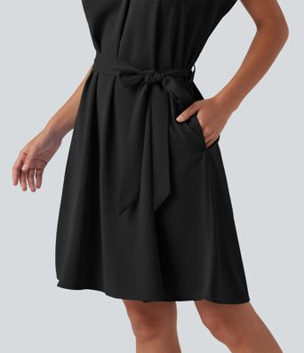 Wrinkle Recovery V Neck Batwing Sleeve Belted Mini Work Dress with Pockets
