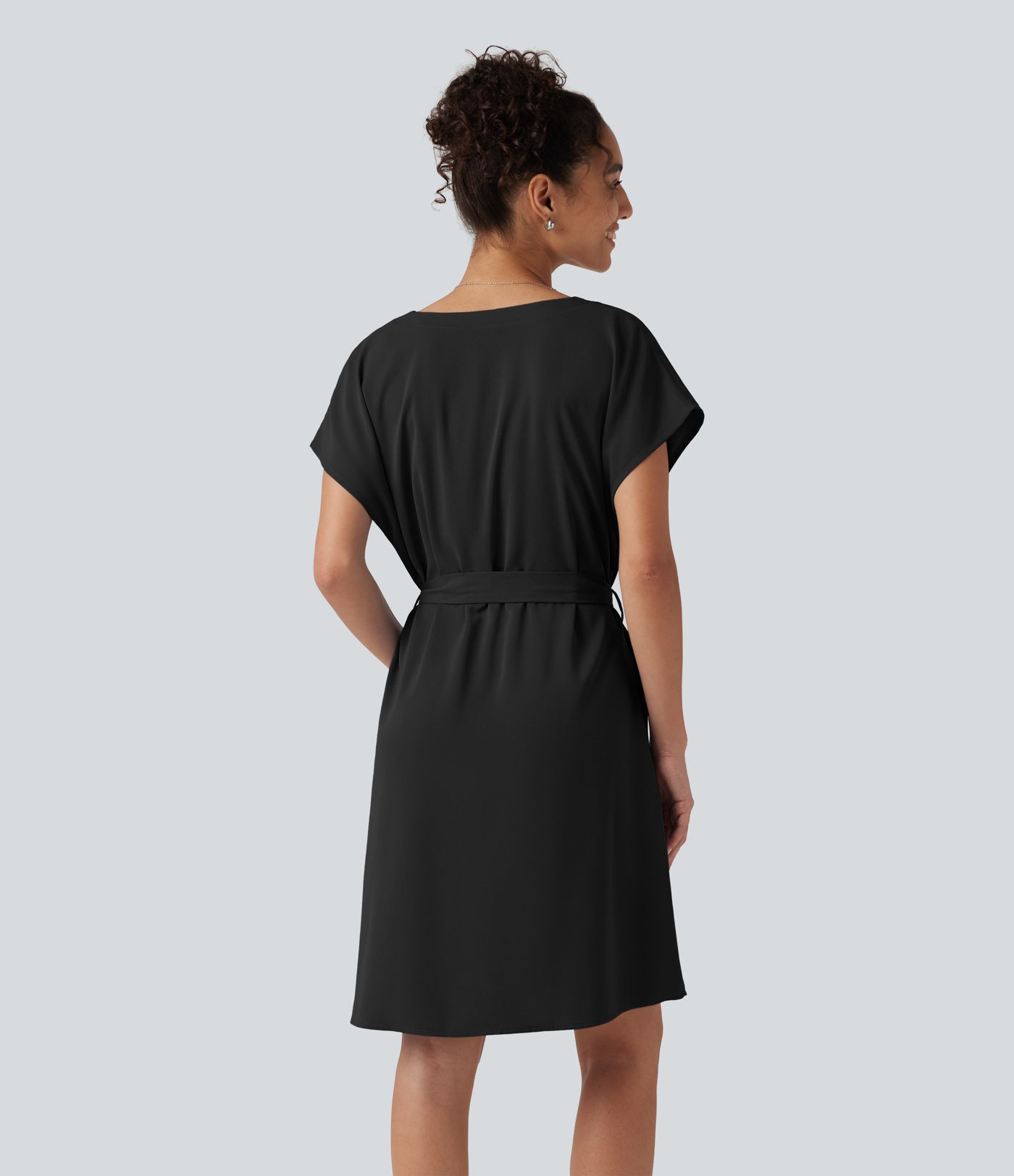 Wrinkle Recovery V Neck Batwing Sleeve Belted Mini Work Dress with Pockets