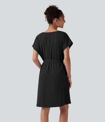 Wrinkle Recovery V Neck Batwing Sleeve Belted Mini Work Dress with Pockets