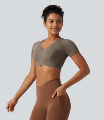 Halara UltraSculpt™ V Neck Built-in Bra Short Sleeve Crossover Hem Cropped Workout Sports Top