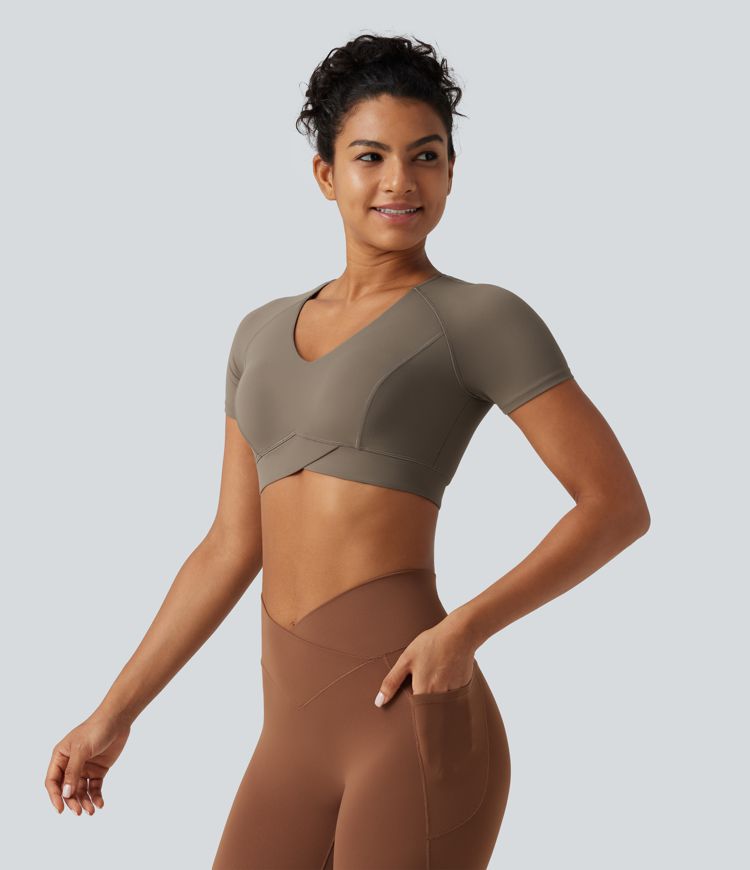 Halara UltraSculpt™ V Neck Built-in Bra Short Sleeve Crossover Hem Cropped Workout Sports Top