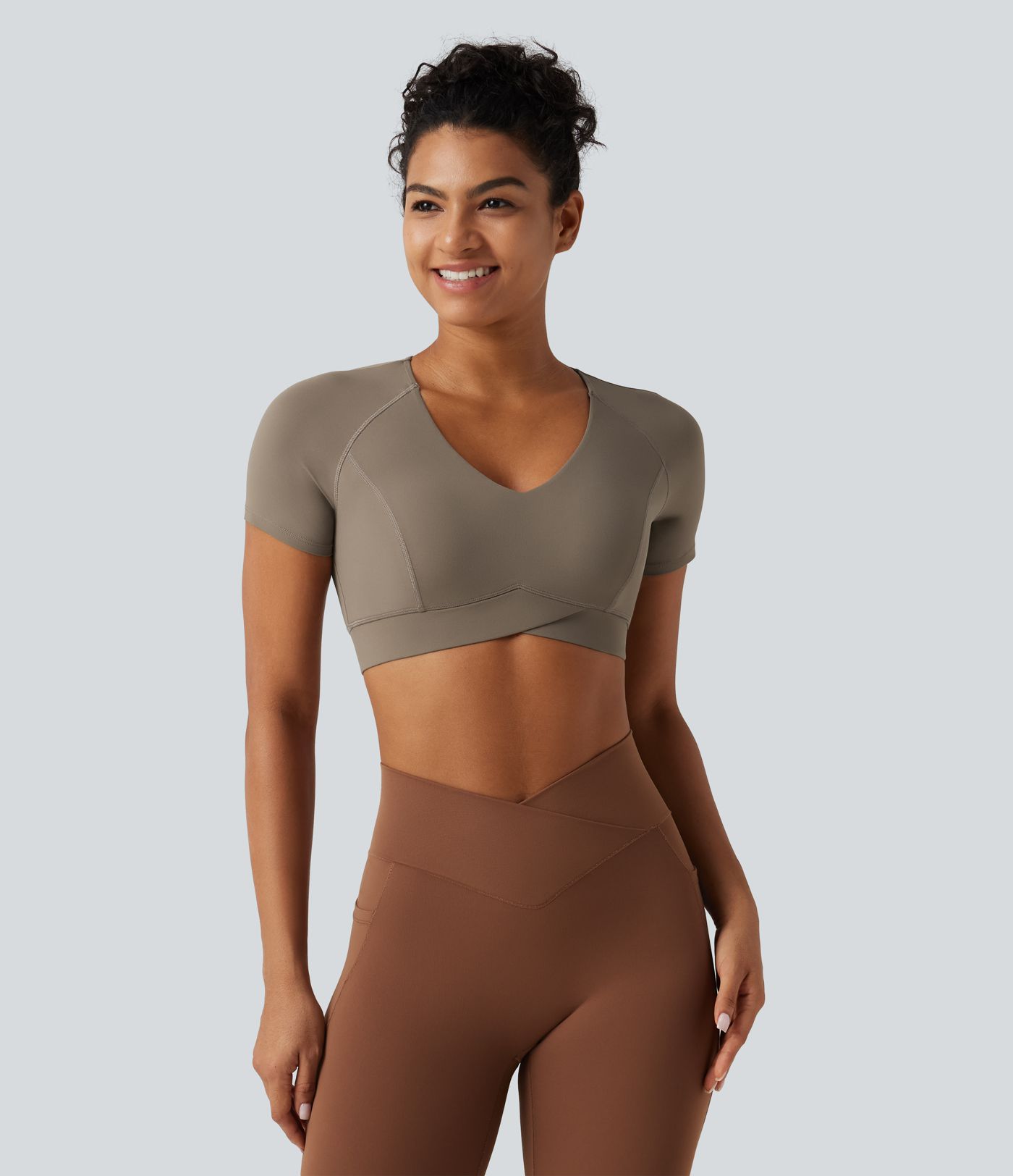 Halara UltraSculpt™ V Neck Built-in Bra Short Sleeve Crossover Hem Cropped Workout Sports Top