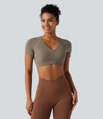 Halara UltraSculpt™ V Neck Built-in Bra Short Sleeve Crossover Hem Cropped Workout Sports Top
