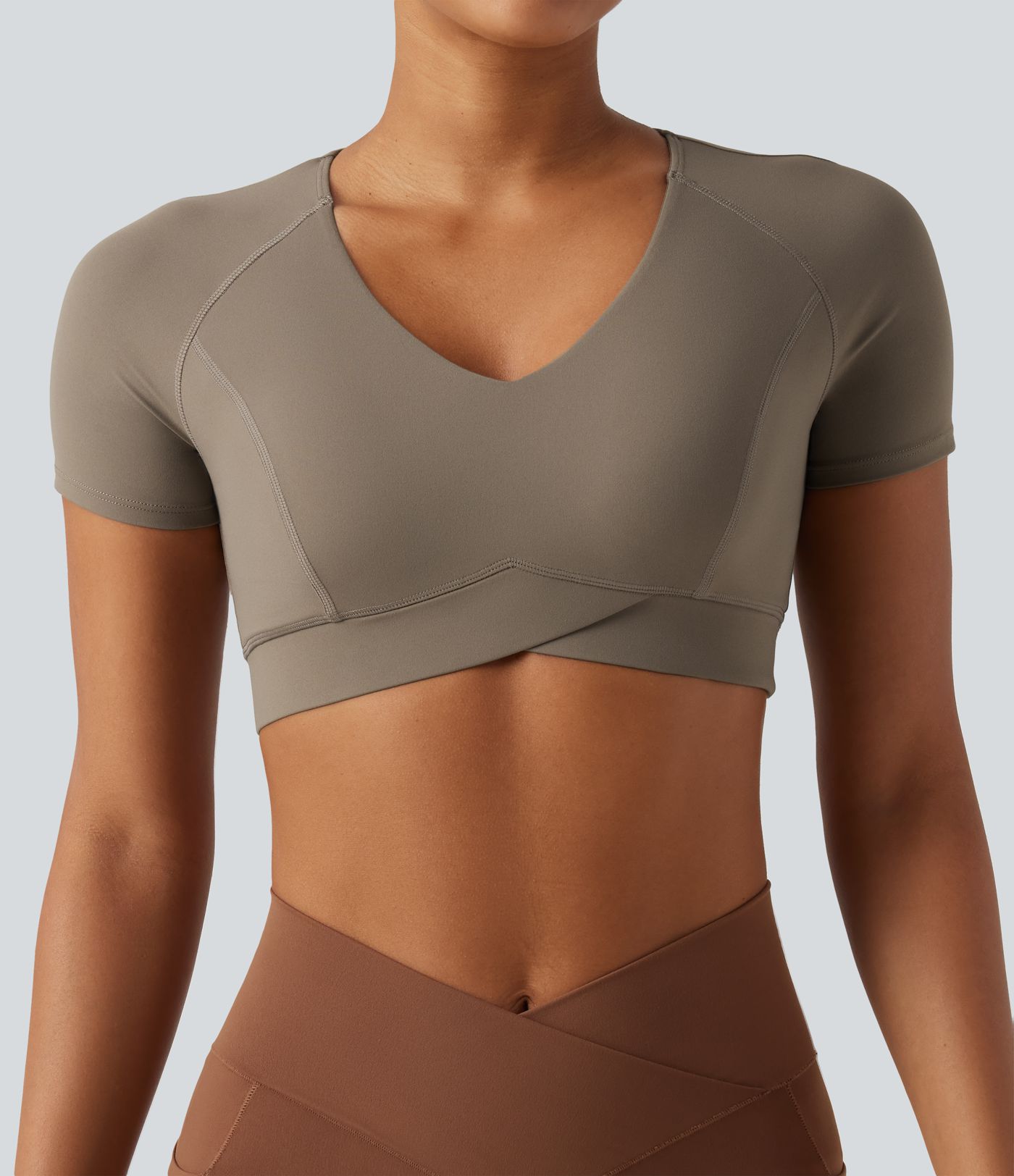 Halara UltraSculpt™ V Neck Built-in Bra Short Sleeve Crossover Hem Cropped Workout Sports Top