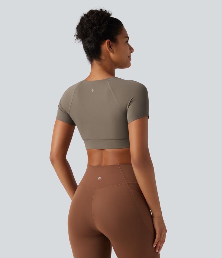 Halara UltraSculpt™ V Neck Built-in Bra Short Sleeve Crossover Hem Cropped Workout Sports Top