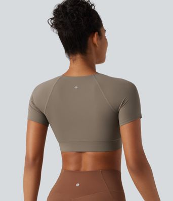 Halara UltraSculpt™ V Neck Built-in Bra Short Sleeve Crossover Hem Cropped Workout Sports Top