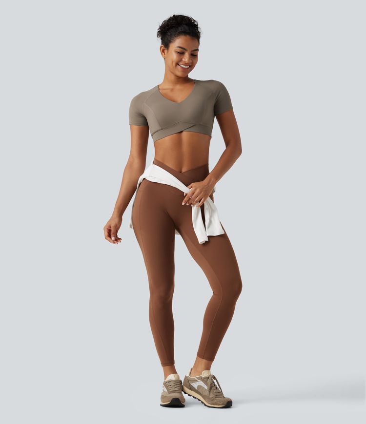 Halara UltraSculpt™ V Neck Built-in Bra Short Sleeve Crossover Hem Cropped Workout Sports Top