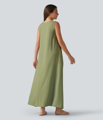 Round Neck Sleeveless Midi Plain Casual Tank Dress with Pockets