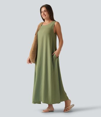 Round Neck Sleeveless Midi Plain Casual Tank Dress with Pockets