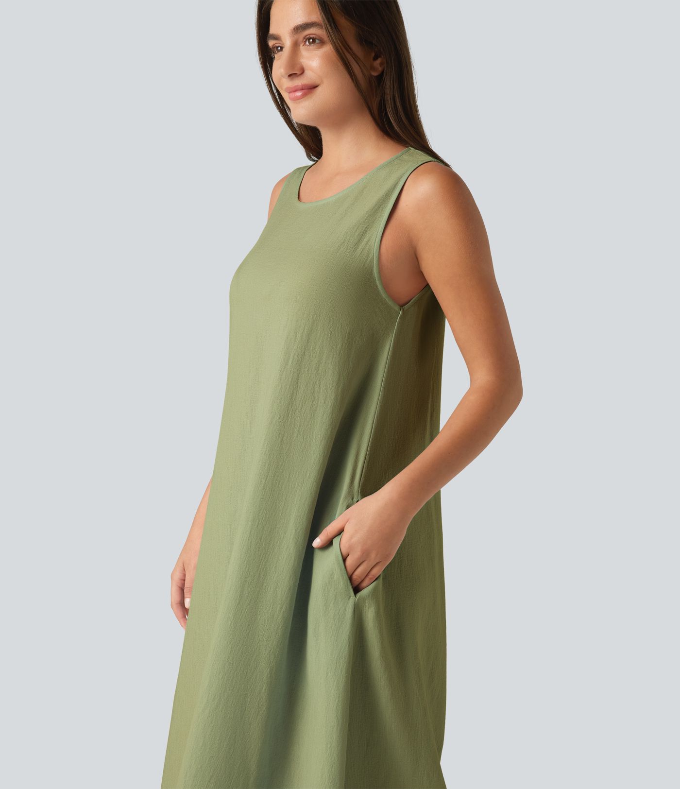 Round Neck Sleeveless Midi Plain Casual Tank Dress with Pockets