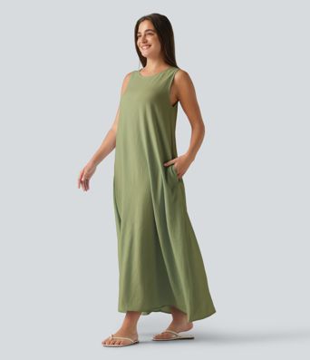 Round Neck Sleeveless Midi Plain Casual Tank Dress with Pockets