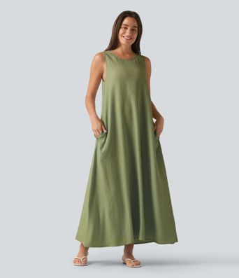Round Neck Sleeveless Midi Plain Casual Tank Dress with Pockets