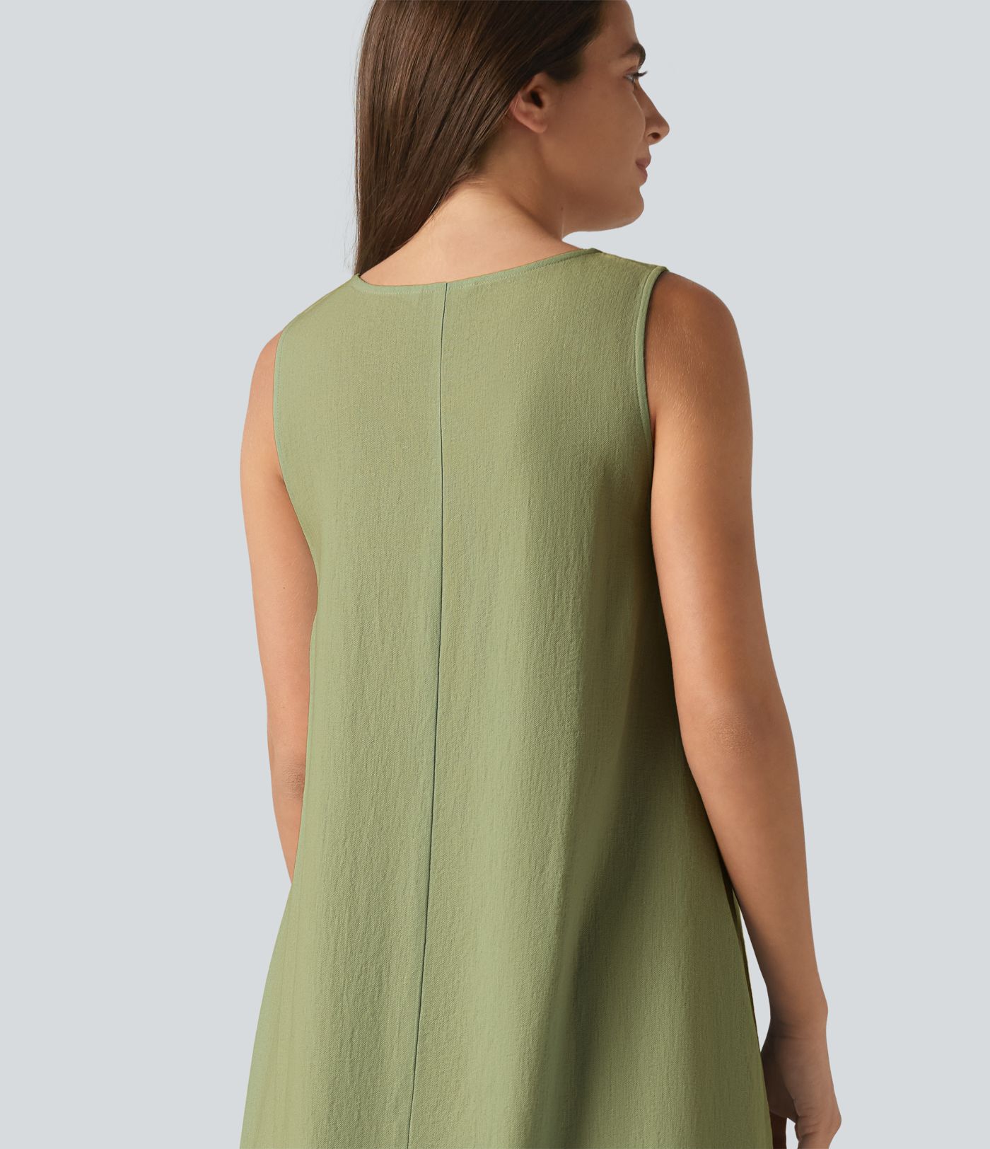 Round Neck Sleeveless Midi Plain Casual Tank Dress with Pockets