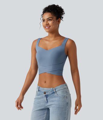 Diamond Collar Built-in Bra Crossover Hem Cropped Casual Tank Top Diamond Collar Built-in Bra Crossover Hem Cropped Casual Tank Top