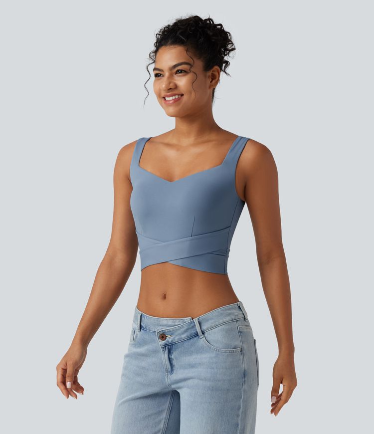 Diamond Collar Built-in Bra Crossover Hem Cropped Casual Tank Top Diamond Collar Built-in Bra Crossover Hem Cropped Casual Tank Top