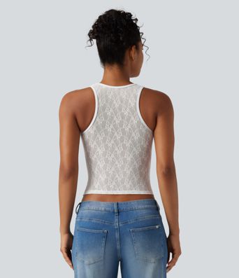 SoftlyZero™ Airy U Neck Built-in Bra Contrast Lace Cut Out Cool Touch Casual Tank Top