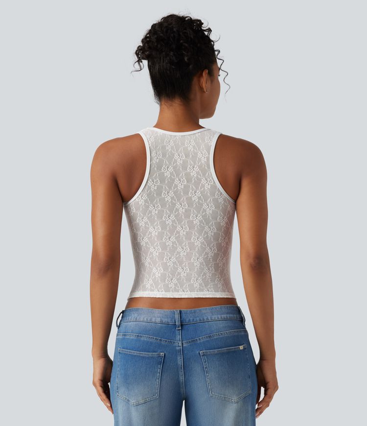 SoftlyZero™ Airy U Neck Built-in Bra Contrast Lace Cut Out Cool Touch Casual Tank Top