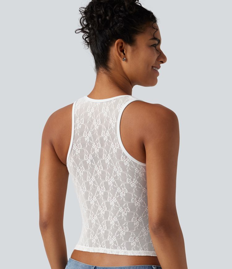 SoftlyZero™ Airy U Neck Built-in Bra Contrast Lace Cut Out Cool Touch Casual Tank Top
