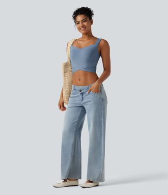 Diamond Collar Built-in Bra Crossover Hem Cropped Casual Tank Top Diamond Collar Built-in Bra Crossover Hem Cropped Casual Tank Top