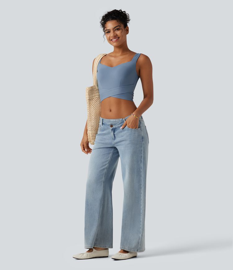 Diamond Collar Built-in Bra Crossover Hem Cropped Casual Tank Top Diamond Collar Built-in Bra Crossover Hem Cropped Casual Tank Top