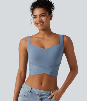 Diamond Collar Built-in Bra Crossover Hem Cropped Casual Tank Top Diamond Collar Built-in Bra Crossover Hem Cropped Casual Tank Top