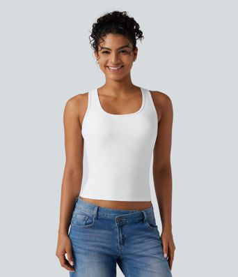 SoftlyZero™ Airy U Neck Built-in Bra Contrast Lace Cut Out Cool Touch Casual Tank Top