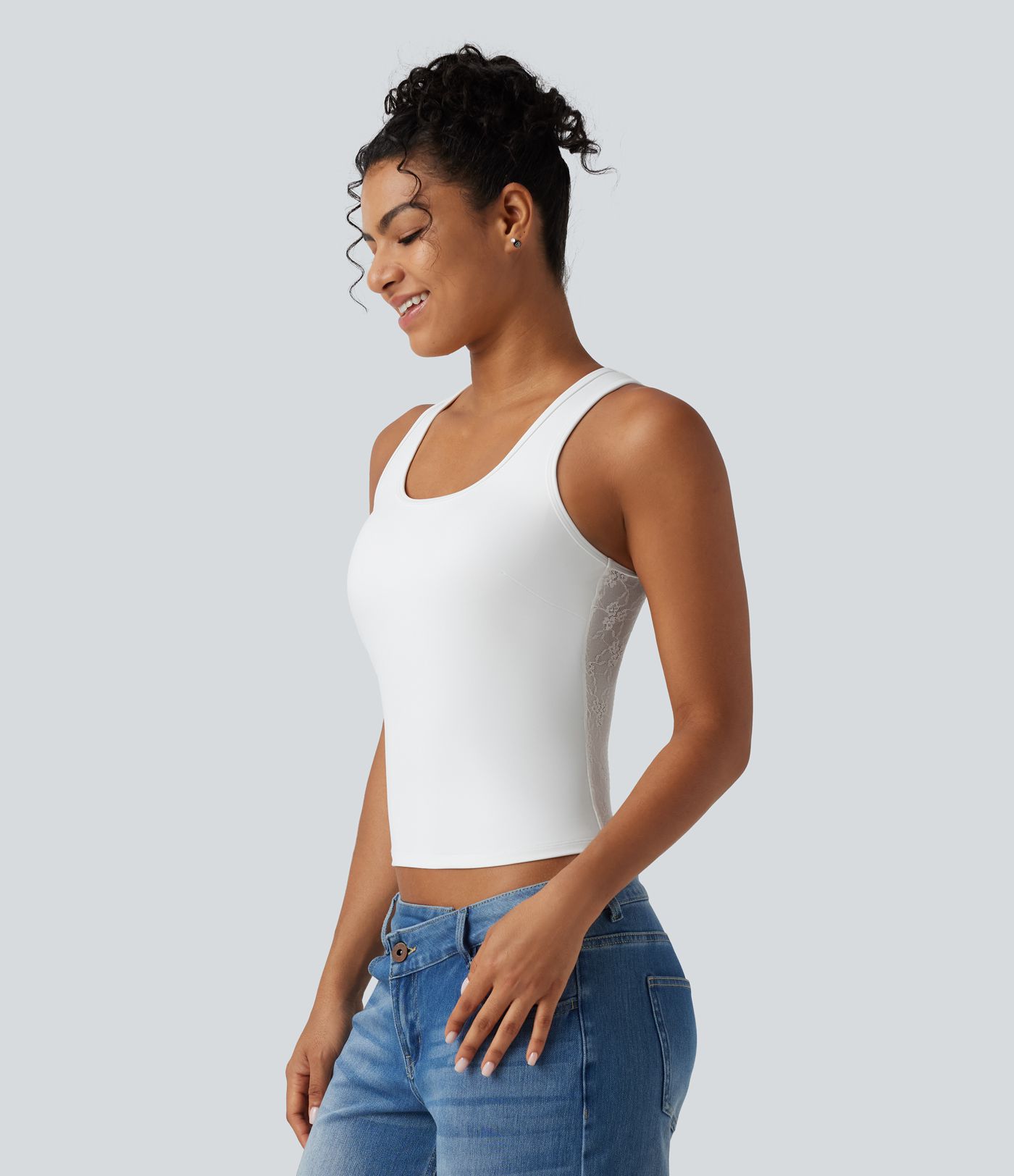 SoftlyZero™ Airy U Neck Built-in Bra Contrast Lace Cut Out Cool Touch Casual Tank Top