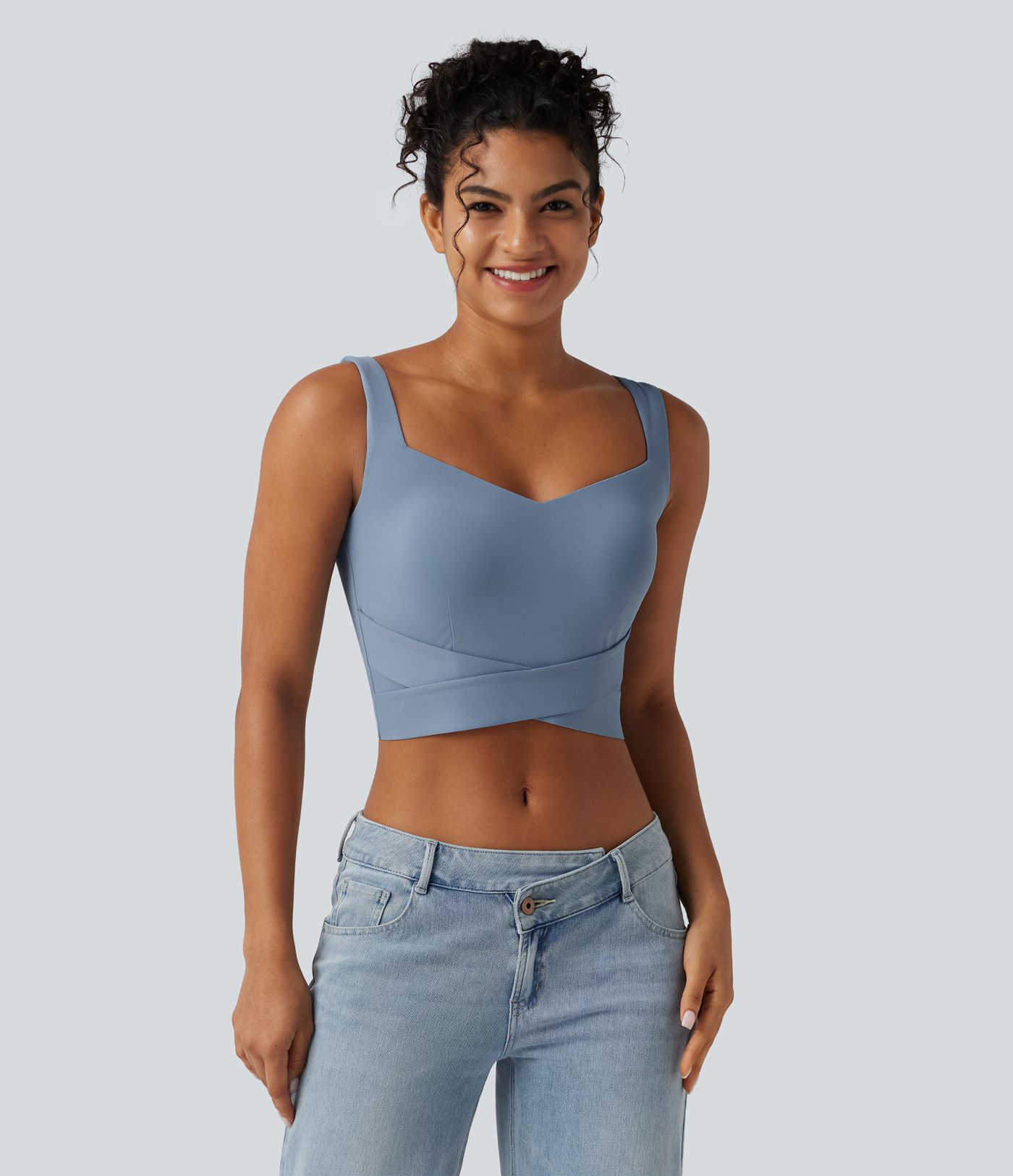 Diamond Collar Built-in Bra Crossover Hem Cropped Casual Tank Top Diamond Collar Built-in Bra Crossover Hem Cropped Casual Tank Top