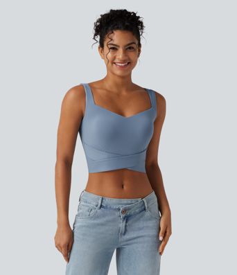 Diamond Collar Built-in Bra Crossover Hem Cropped Casual Tank Top Diamond Collar Built-in Bra Crossover Hem Cropped Casual Tank Top